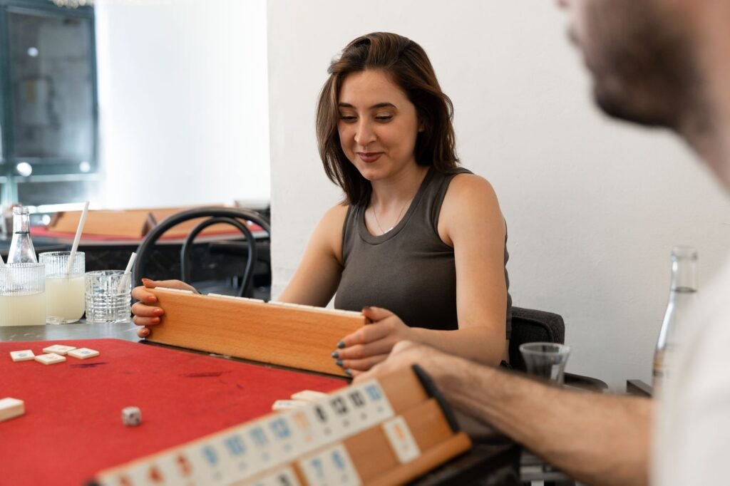 Couple enjoying a relaxed indoor tabletop activity