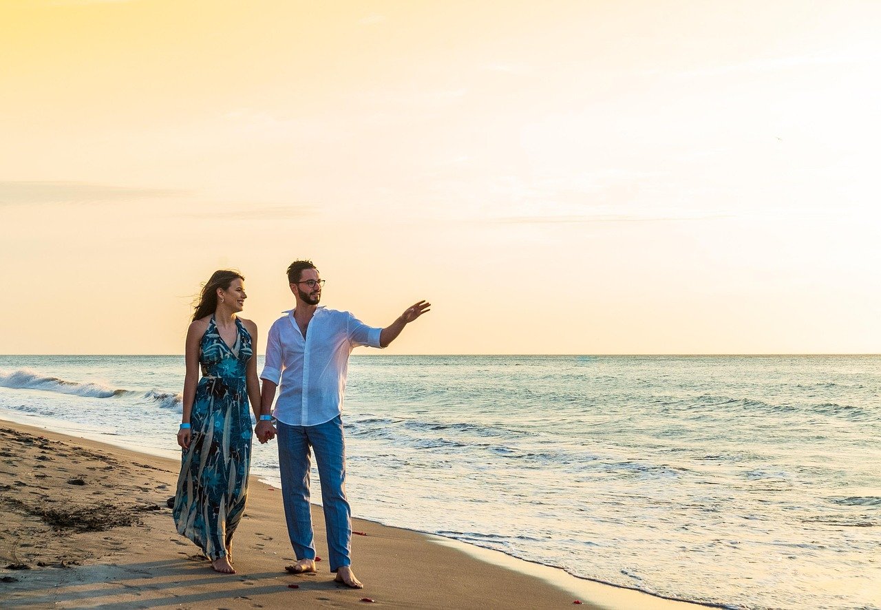 beach, couple, love, sunset, sea, coast, seashore, marriage, together, romance, romantic, relationship, man, woman, nature, h