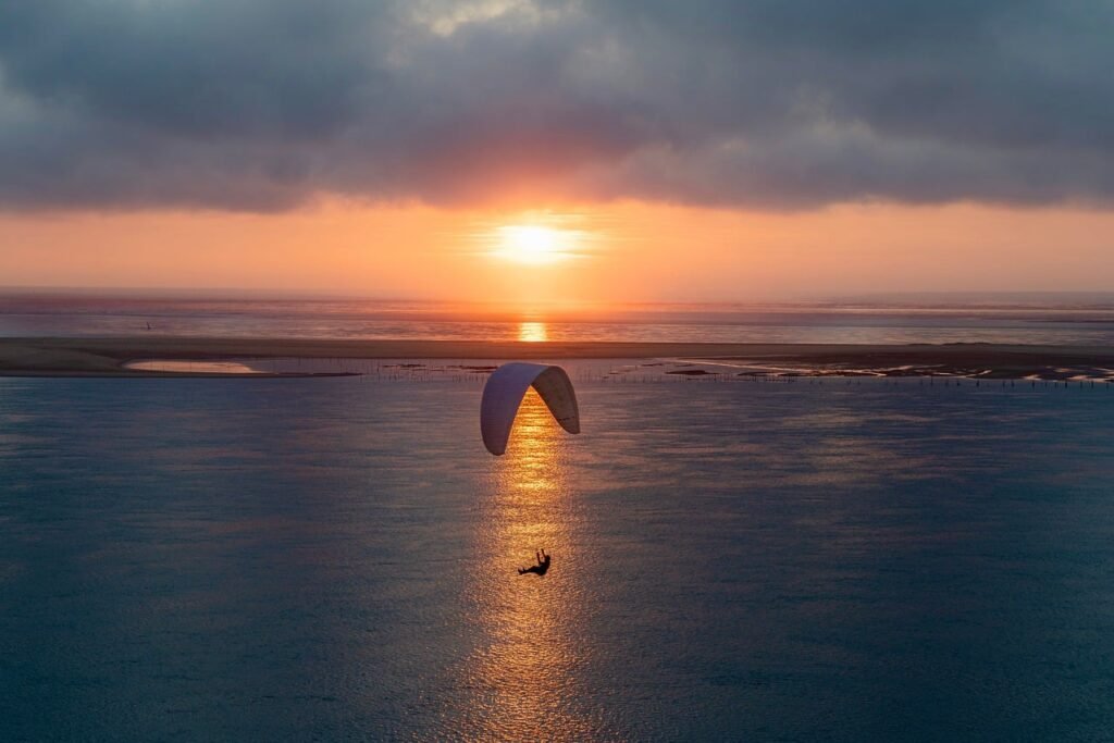 sunset, sea, clouds, paragliding, reflection, atmosphere, red, twilight, ocean, nature, landscape, pilot, flying, light, shad