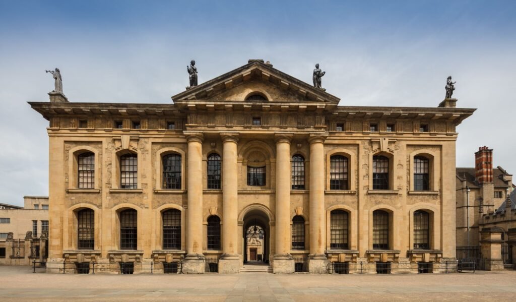 Front view of the Clarendon Building, a historic landmark at Oxford University.
