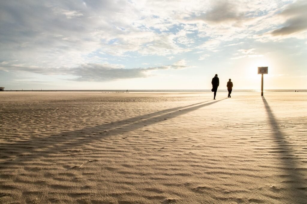 sand, beach, shore, sandy, sandy beach, seashore, horizon, north sea, vacations, sunshine, sea, sky, coast, sunset, nature, w