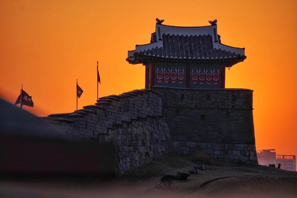 sunset, nature, castle, hanok, architecture, building, fort, fortress, fortification, orange sky, backlighting, dusk, twiligh
