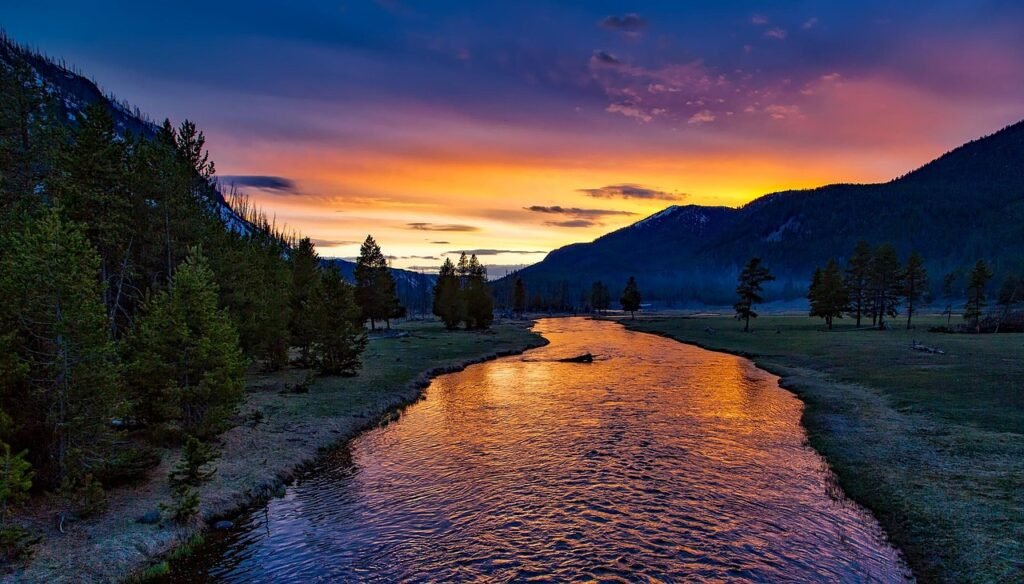 river, mountains, sunset, dusk, twilight, trees, conifers, water, mountain range, mountainous, landscape, nature, fields, yel