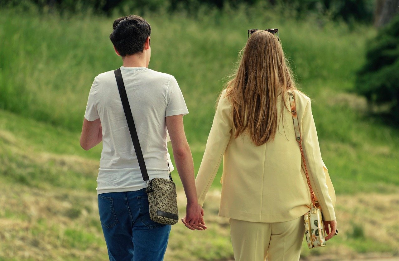 couple, together, walking, holding hands, walk, people, young, romantic, love, park, outdoors