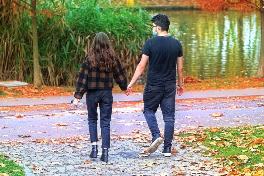 couple, park, holding hands, walking, nature, the autumn, friendship, casual fashion, alley, lake, colors, romantic, vegetati