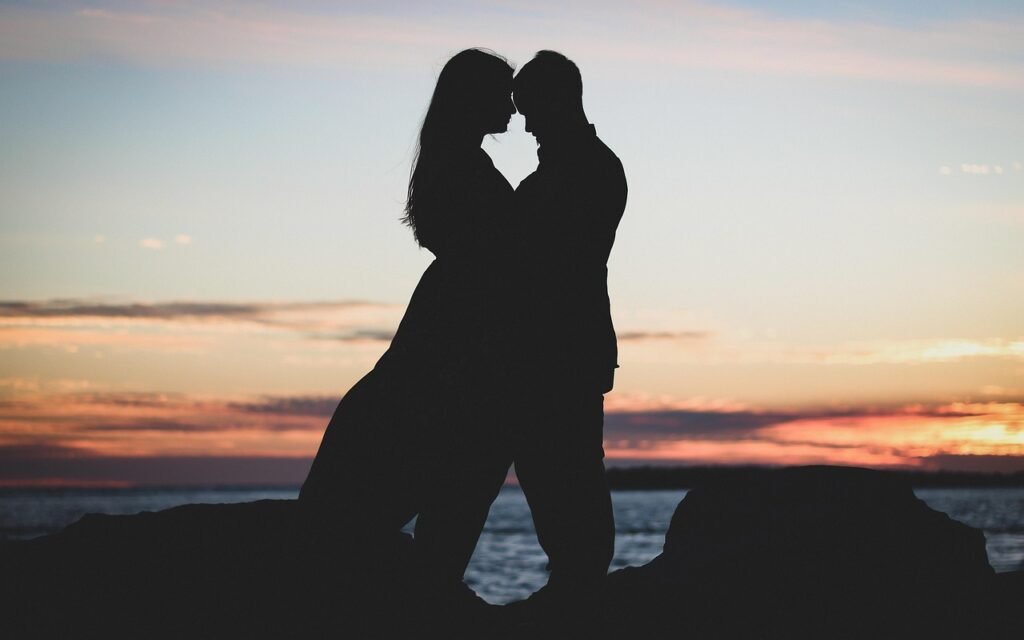 couple, beach, sunset, hug, silhouettes, romantic, lovers, nature, pair, together, love, couple silhouette, dusk, twilight, h