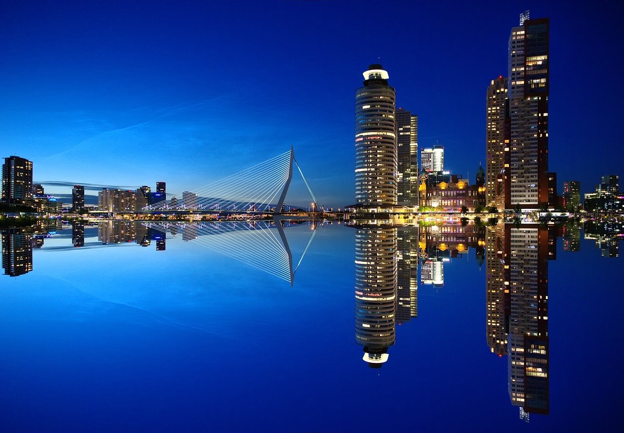 skyscrapers, bridge, port, skyline, modern, erasmus bridge, nature, rotterdam, architecture, netherlands, city, water, hollan