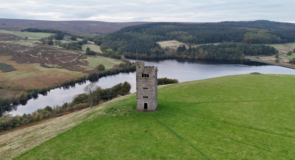 Boot's Folly tower amidst the scenic moorlands near Sheffield, England.