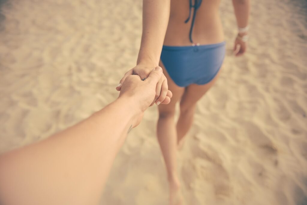 couple, beach, holding, hands, holding hands, lovers, together, affection, nature, relationship, sand, sandy beach, bikini, b