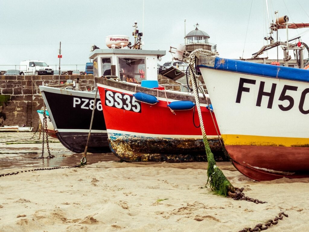fishing boats, sand, port, coast, boats, beach, fishing village, cornwall, england, vessels, fishing vessels, fishing, nature