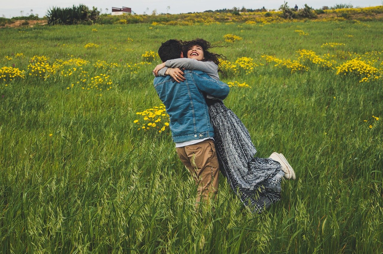 couple, love, meadow, grass, flowers, man, woman, lovers, beautiful flowers, flower wallpaper, relationship, together, romant