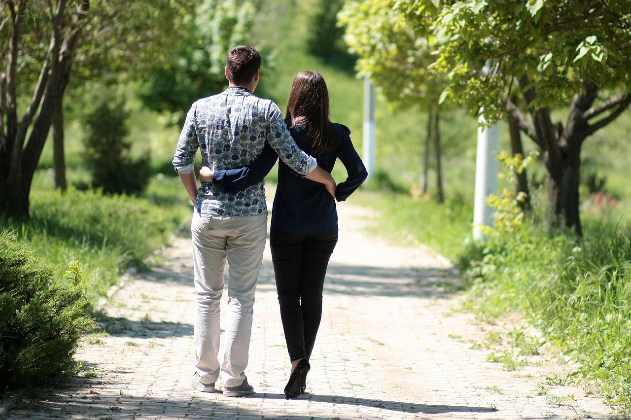 couple, love, nature, walk, romantic, park, grass, green, happiness