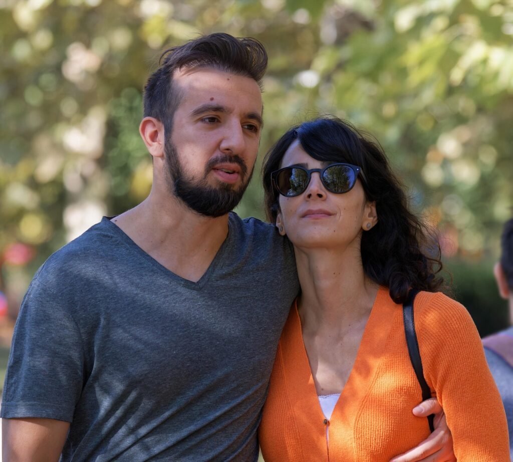 people, couple, casual, hugging, walk, outdoors, park, nature, happy