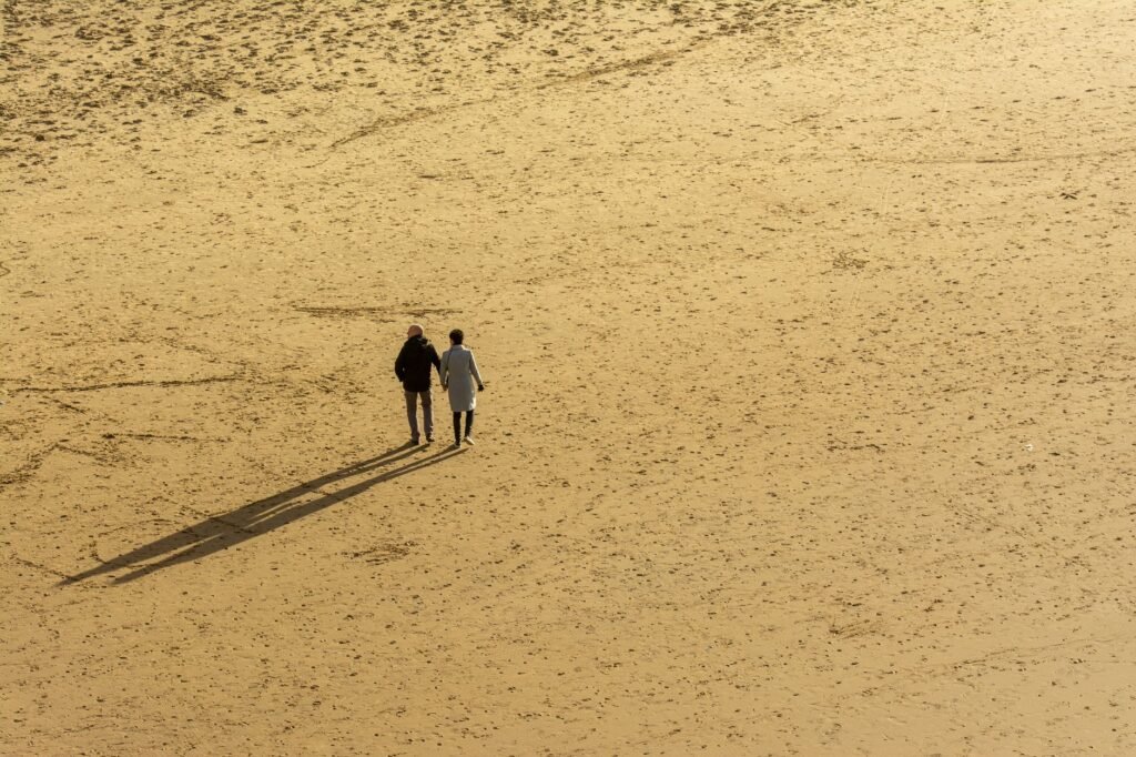 A couple walking hand in hand across a vast sandy landscape, casting long shadows.