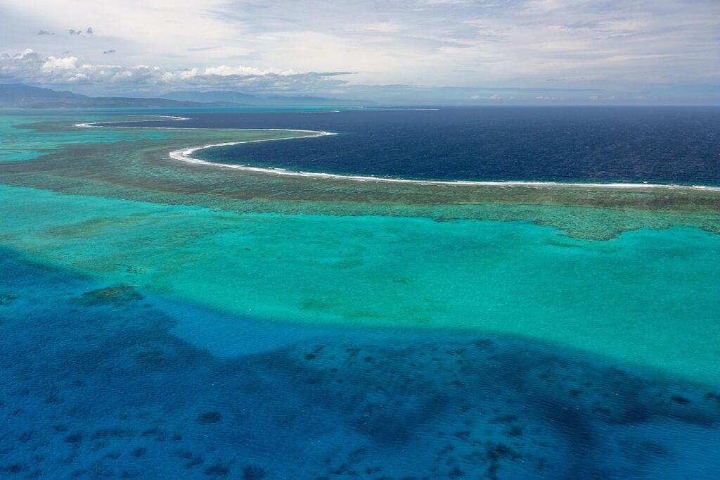 lagoon, ocean, sea, coastline, nature, atoll, coral reef, seascape, seashore, coast, wave, water, new caledonia, aerial view