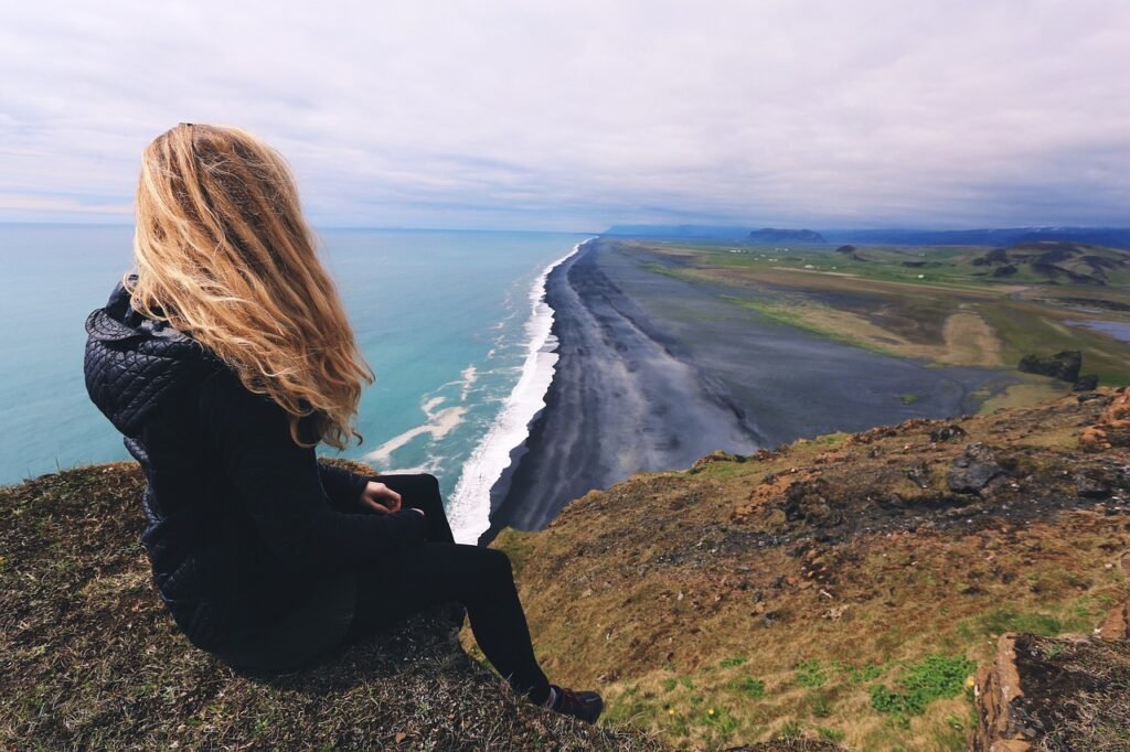 woman, beach, cliff, viewpoint, sea view, coastline, shore, shoreline, seashore, daylight, landscape, nature, ocean, outdoors