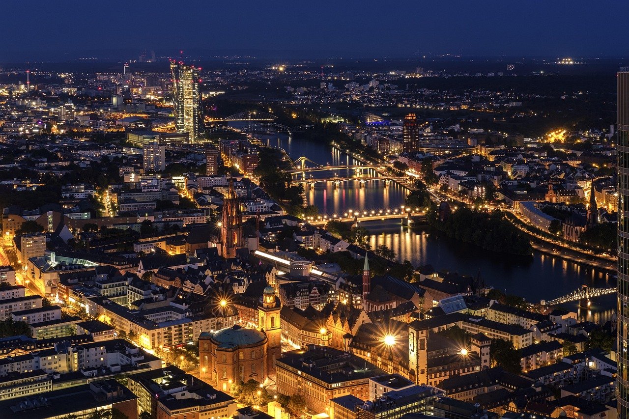 city, frankfurt, cityscape, skyscrapers, dusk, twilight, night, lights, aerial view, city, city, city, city, frankfurt, frank