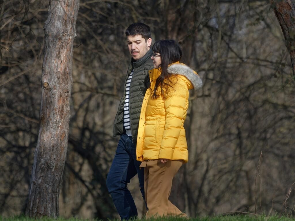 couple, walking, nature, together, winter, trees, park, outdoors, man, woman