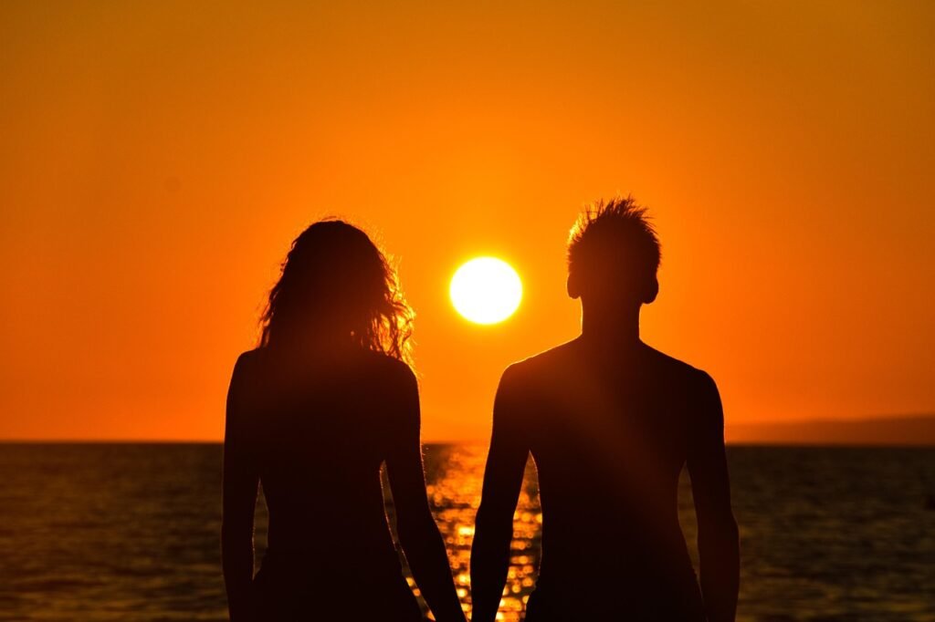 sunset, romance, sea, water, nature, relationship, love, sun