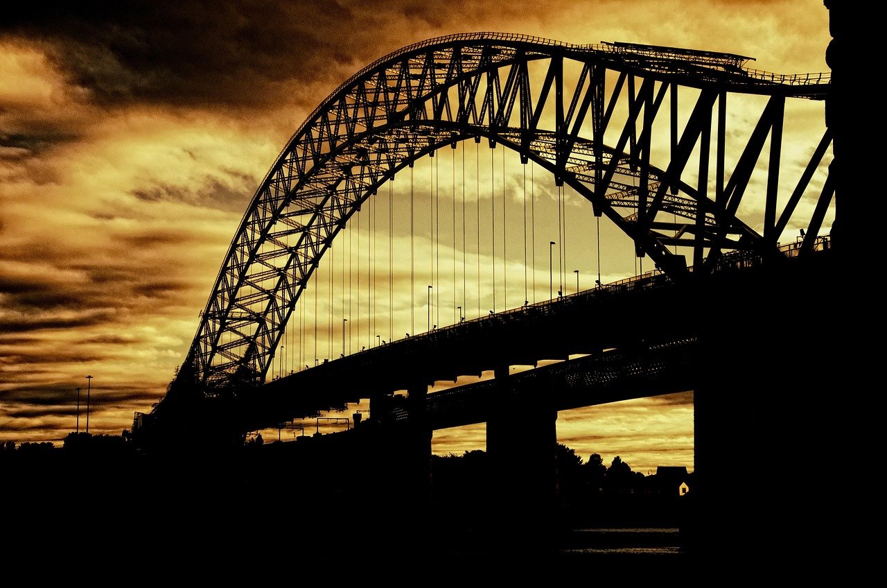 bridge, silhouette, nature, sunset, dusk, structure, architecture, road bridge, arch bridge, suspension bridge, silver jubile