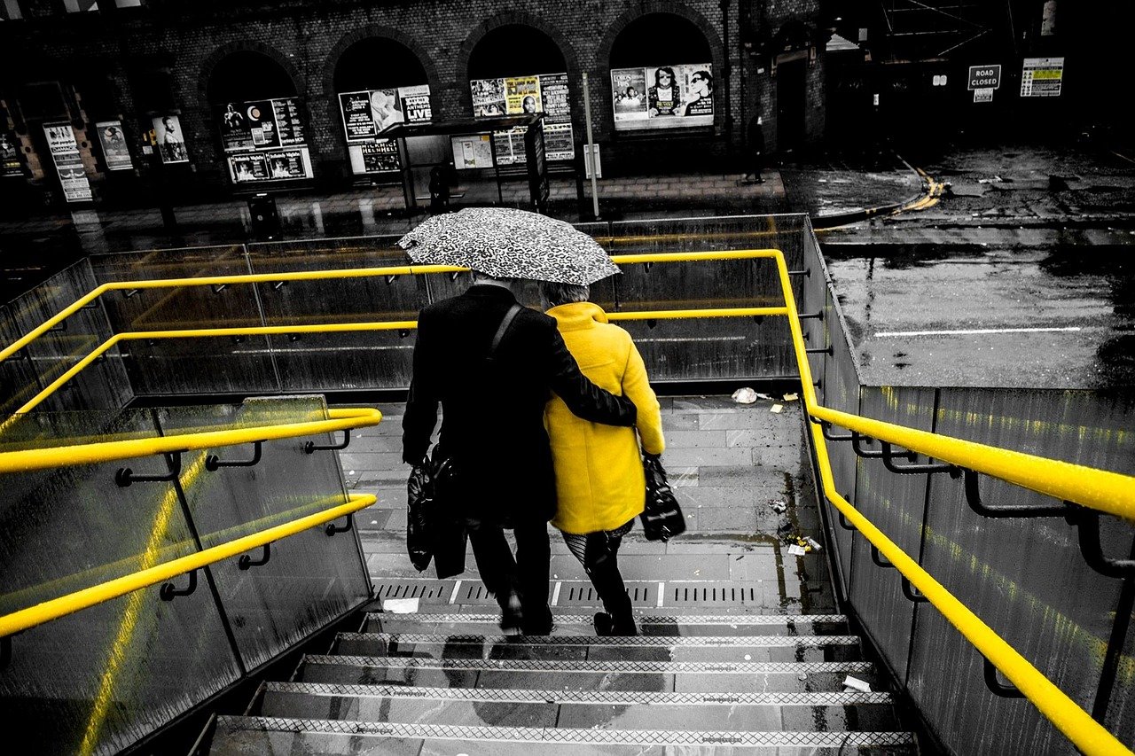 couple, yellow, manchester, metrolink, tram, rain, umbrella, nature, love, two, lifestyle, romantic, outdoor, gray rain, gray