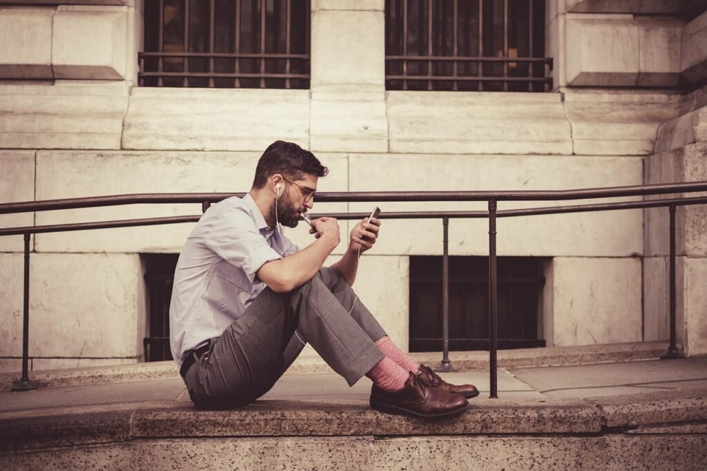 brown leather shoes, man, earphones, fashion, male, model, person, smartphone, leisure, sitting, urban, brown city, brown pho