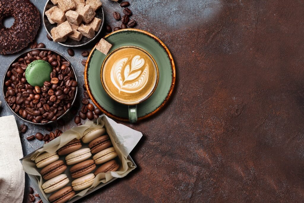 breakfast on board of the iron, coffee, donut, brown sugar, macaroons, breakfast, brunch, morning, nutrition, delicious, wake
