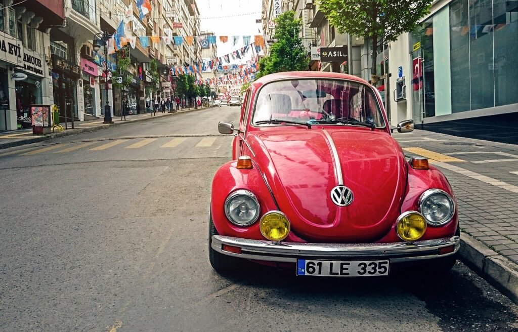 automotive, volkswagen beetle, car, city, classic, classic car, old car, pavement, car wallpapers, red car, parked car, road,