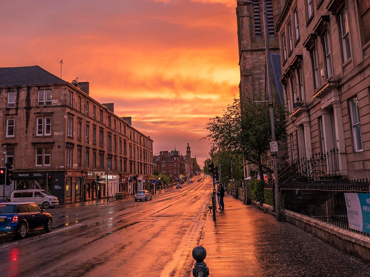 city, outdoors, sunset, dusk, travel, road, street, cityscape, twilight, glasgow, nature, scotland, clouds