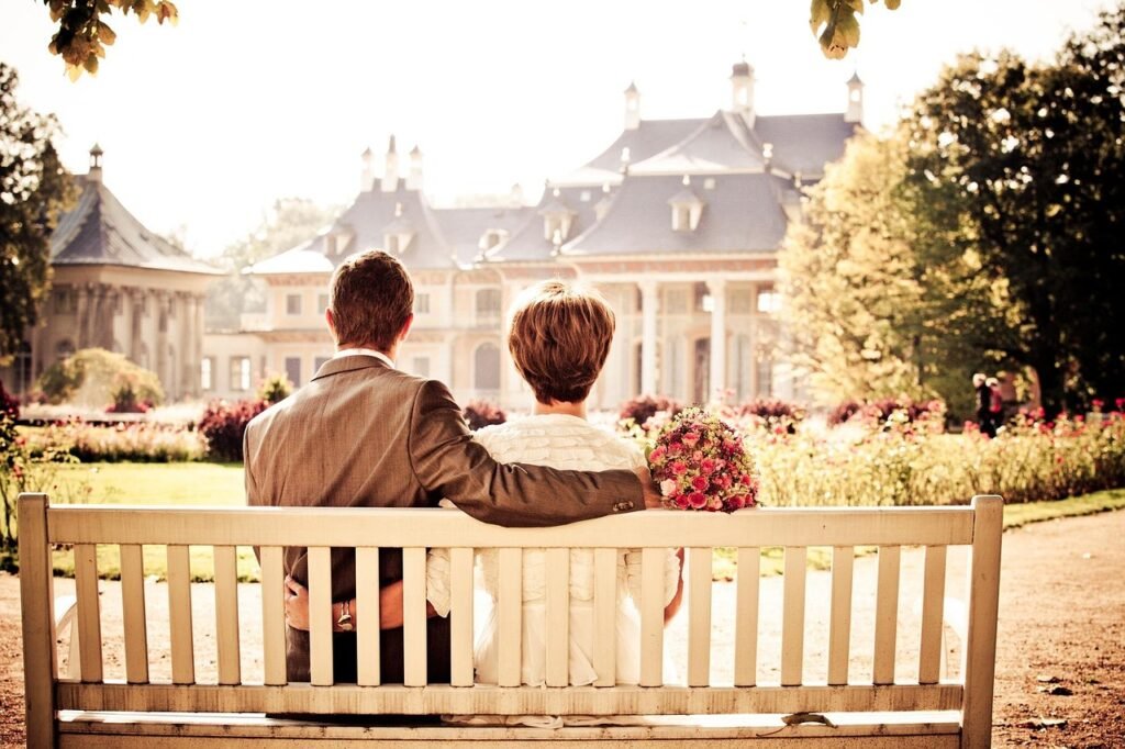 happy valentines day, couple, marriage, bench, married couple, bride, groom, sit, sitting, together, relationship, lovers, lo