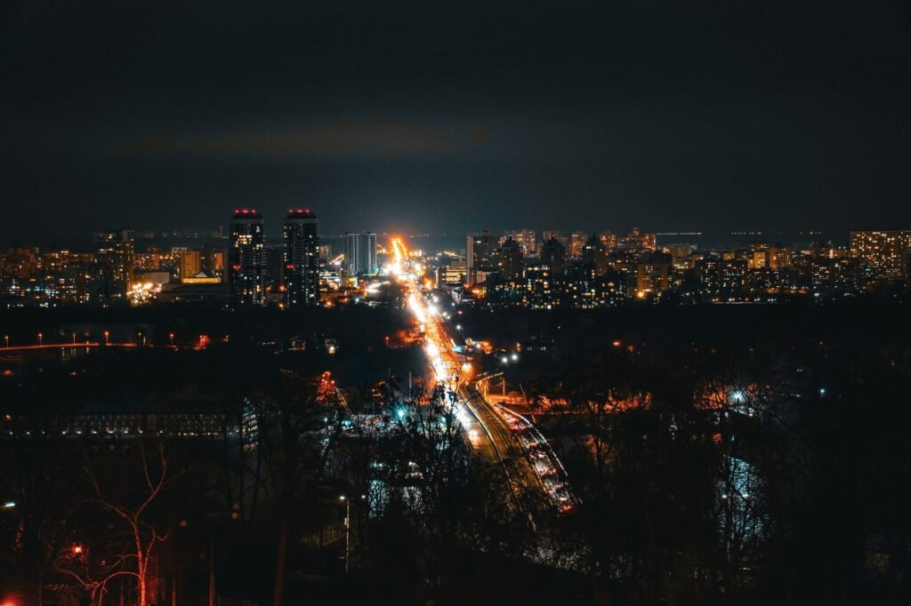 Stunning nighttime city view of Kyiv, Ukraine showcasing urban lights and vibrant streets.