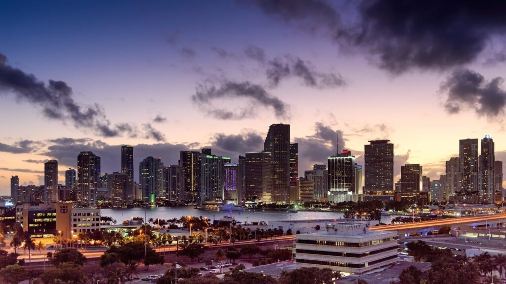 miami, florida, sunset, nature, skyline, architecture, scenery, cityscape, downtown, building, urban, sky, skyscraper, city,