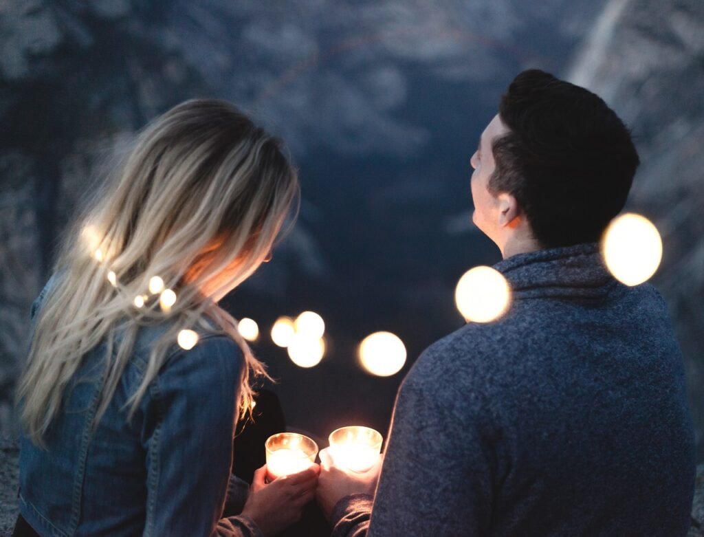 people, man, woman, couple, dating, talking, romance, candle, lighting, lights, blue light, blue candle, blue talk, blue cand