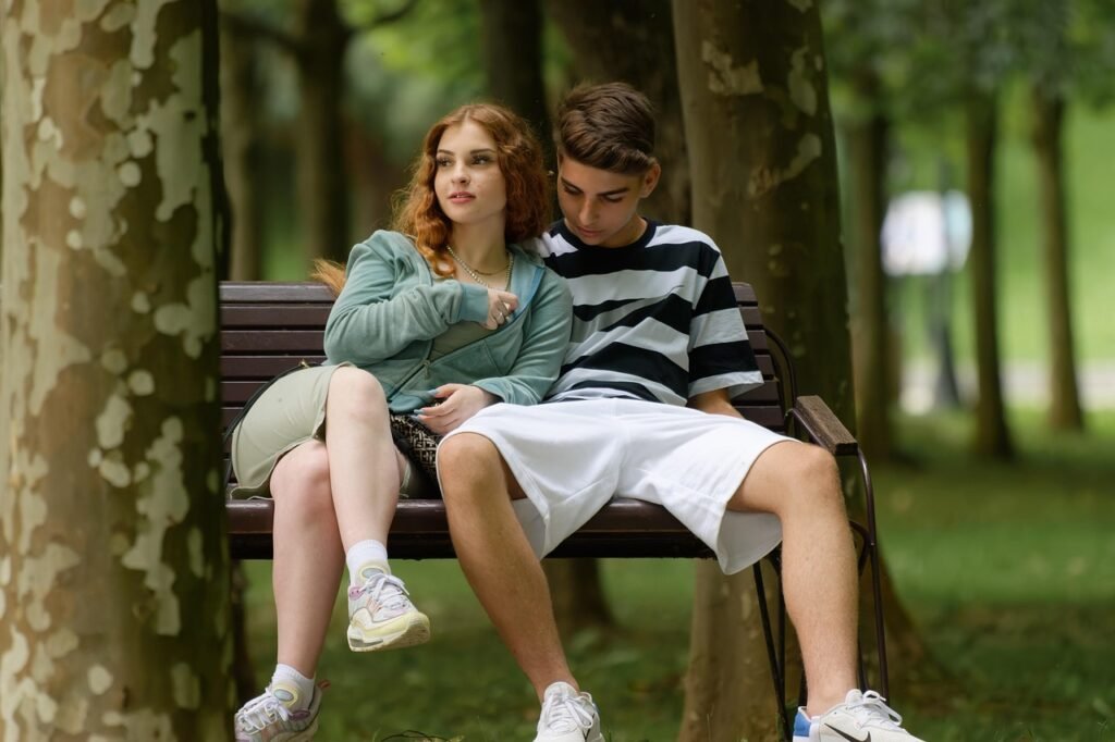 couple, park, young couple, forest, nature, sitting together, park bench, outdoors, portrait, couple, couple, couple, couple,