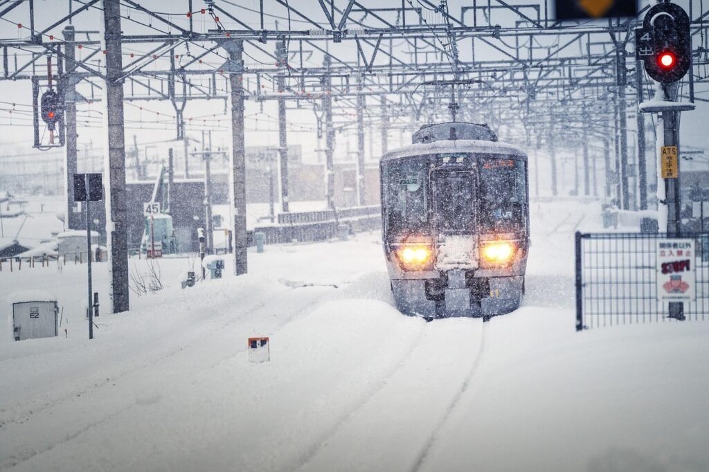 train, snowstorm, snow, nature, winter, northern lake biwa, japan