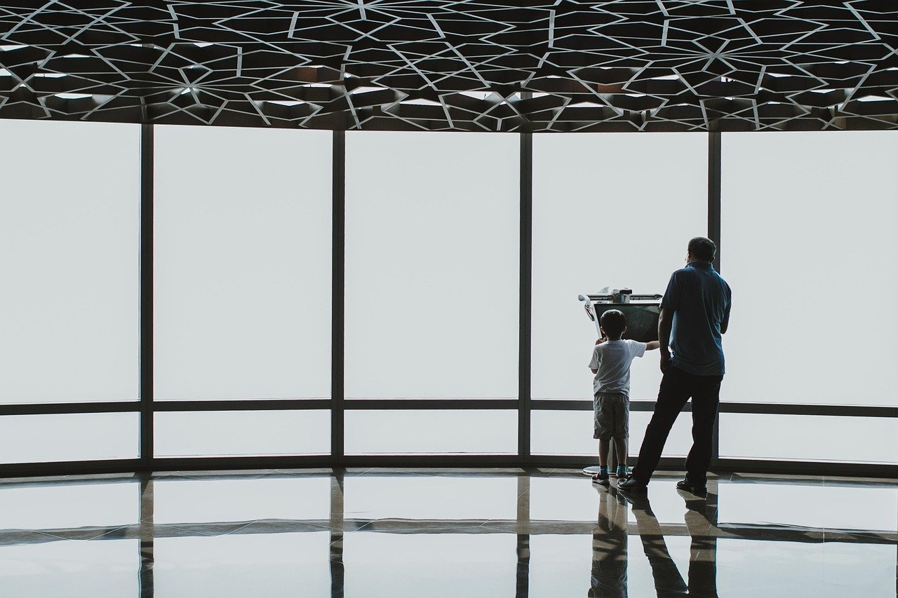 tourists, father and son, burj khalifa, vacation, telescope, dubai, digital telescope, electronic telescope, family, united a