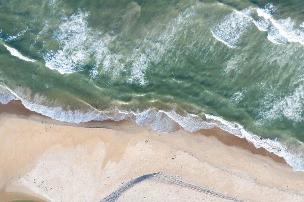 beach, aerial, wave, view, nature, aerial nature, landscape, drone, travel, chennai beach, ocean, tamil, indian beach
