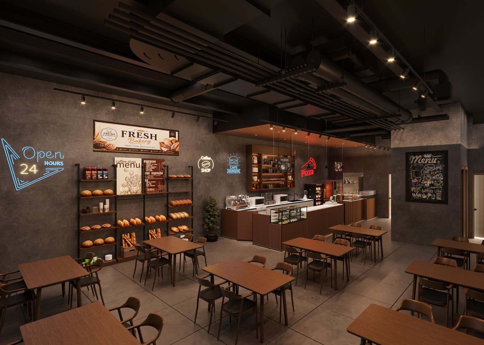 Stylish café interior featuring a bakery display, wooden tables, and industrial decor.