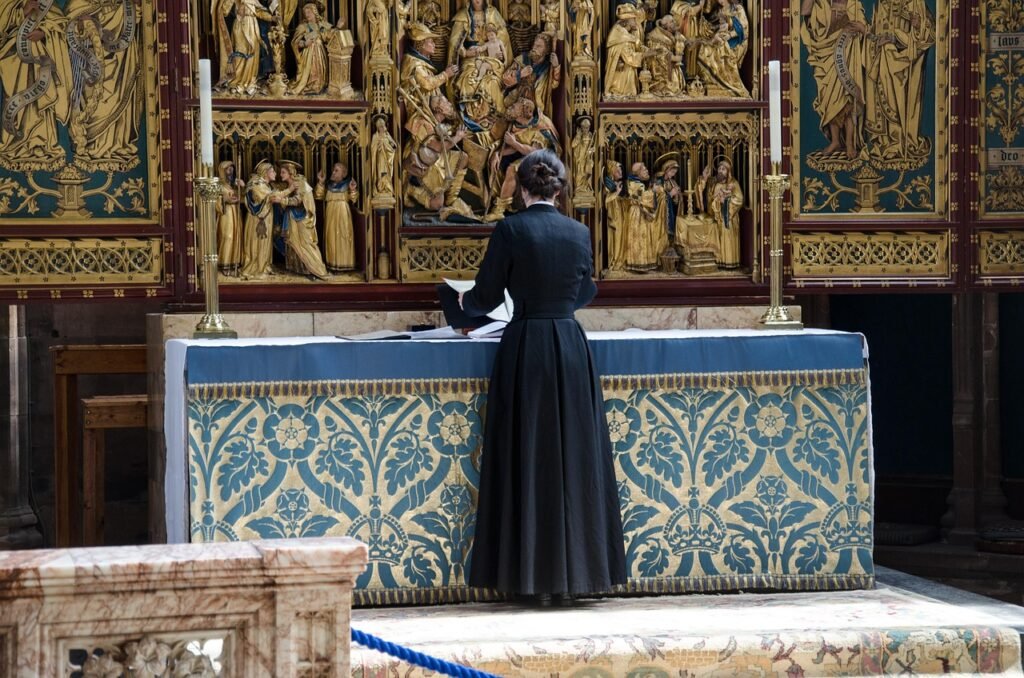 female pastor, female, pastor, anglican church, altar, church service, cathedral, lichfield, staffordshire, england, female p